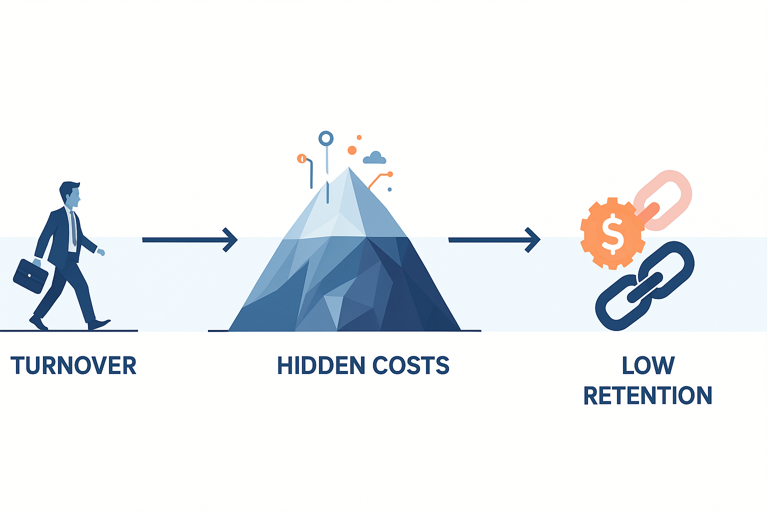 Diagram showing how employee turnover leads to hidden costs and low retention.