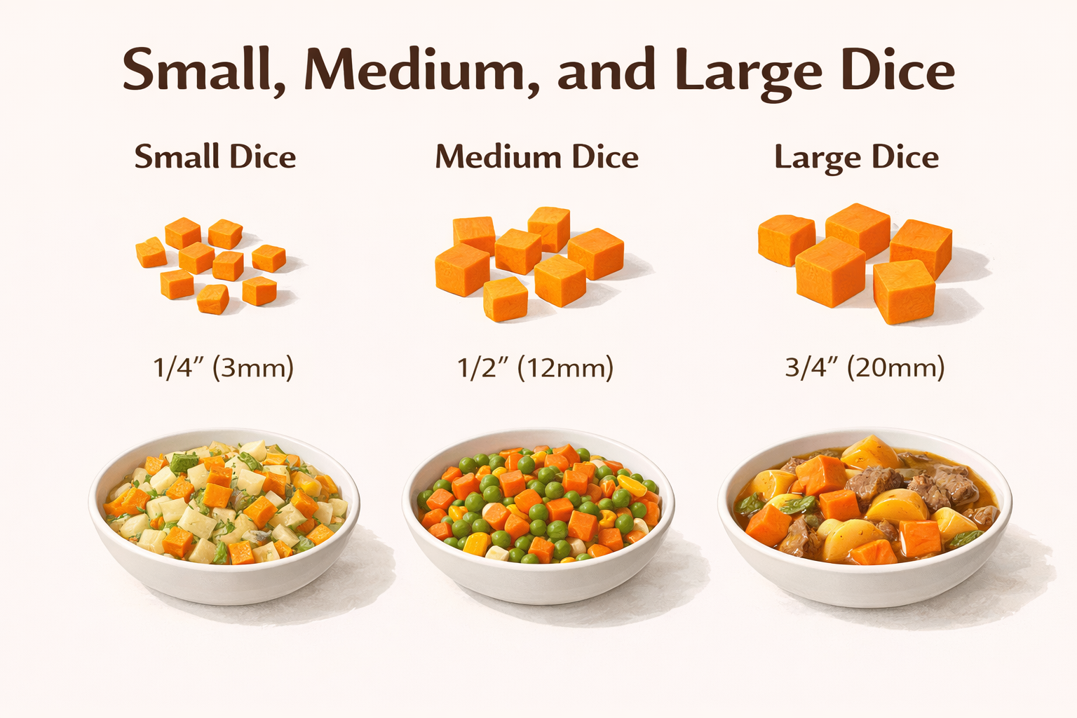 Small, medium, and large dice